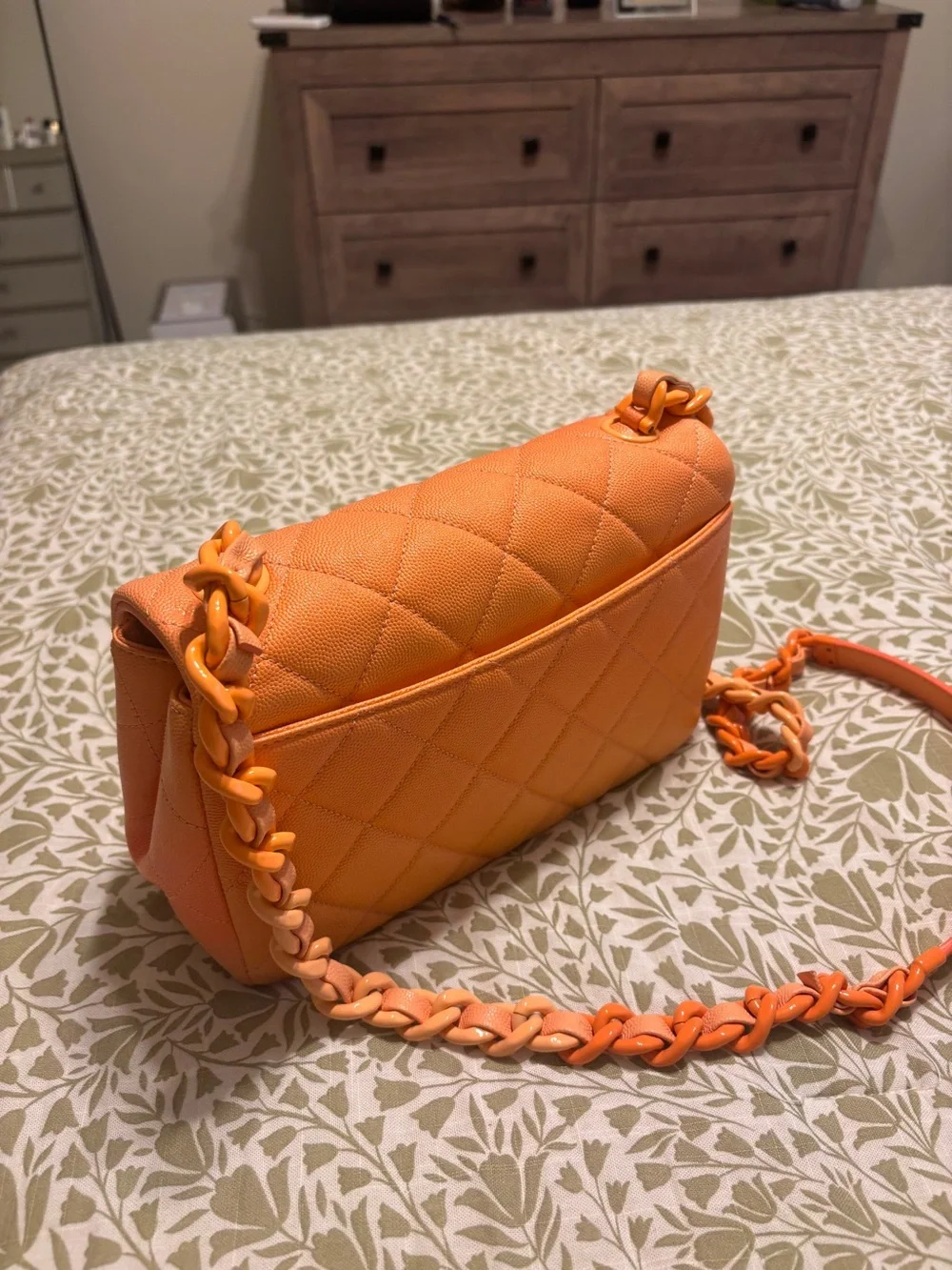 CHANEL Orange Quilted Shoulder Bag with Chain and CC Logo